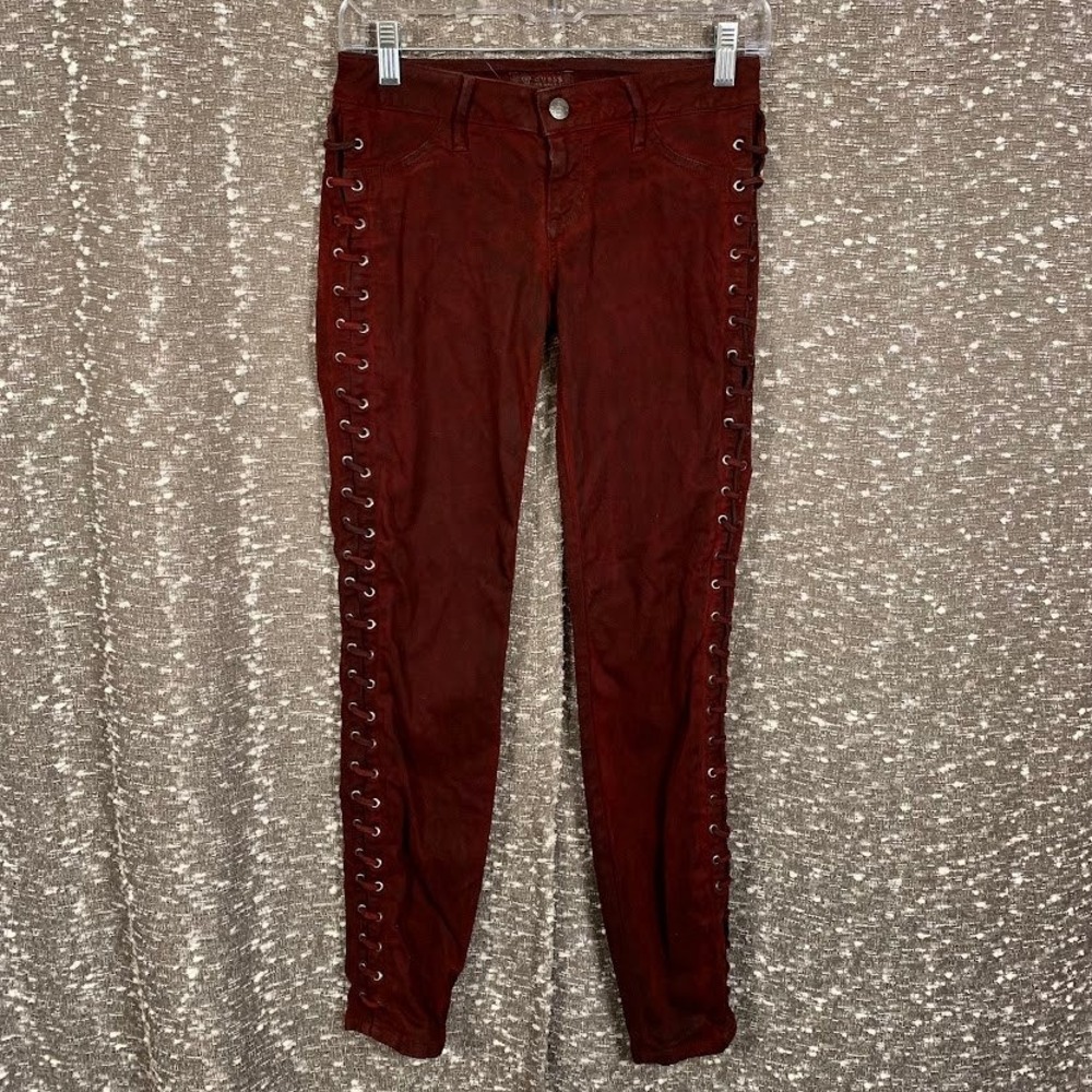 Guess Kate Skinny Lace Up Side Jeans Burgundy Coated Denim Women's Size 25